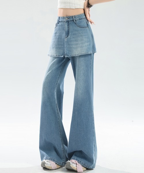 AMAJI(アマジ)の「ハイウエスト レイヤード風 フレアデニムパンツ(デニムパンツ・レディース・ブルー・SMALL/MEDIUM/LARGE/X-LARGE)」の3枚目の写真