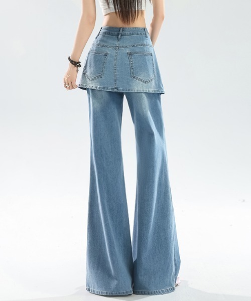 AMAJI(アマジ)の「ハイウエスト レイヤード風 フレアデニムパンツ(デニムパンツ・レディース・ブルー・SMALL/MEDIUM/LARGE/X-LARGE)」の4枚目の写真