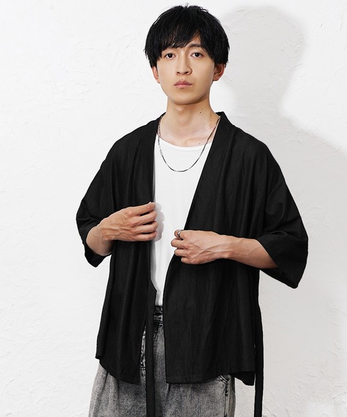 MinoriTY(マイノリティ)の「【MinoriTY】和モード5分袖カーディガン メンズ 夏服 ユニセックス 半袖 和風 モード系(シャツ/ブラウス・メンズ・ブルー/ブラック・M/L)」の6枚目の写真