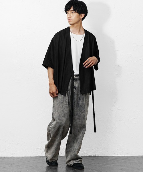 MinoriTY(マイノリティ)の「【MinoriTY】和モード5分袖カーディガン メンズ 夏服 ユニセックス 半袖 和風 モード系(シャツ/ブラウス・メンズ・ブルー/ブラック・M/L)」の7枚目の写真