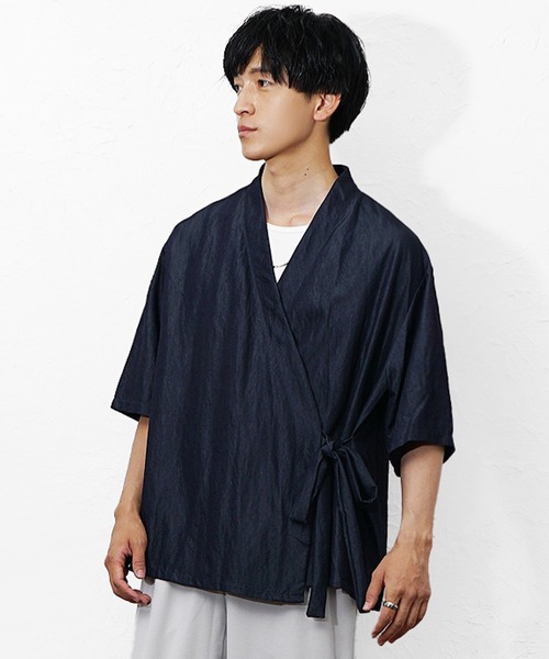 MinoriTY(マイノリティ)の「【MinoriTY】和モード5分袖カーディガン メンズ 夏服 ユニセックス 半袖 和風 モード系(シャツ/ブラウス・メンズ・ブルー/ブラック・M/L)」の8枚目の写真