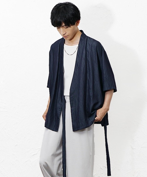 MinoriTY(マイノリティ)の「【MinoriTY】和モード5分袖カーディガン メンズ 夏服 ユニセックス 半袖 和風 モード系(シャツ/ブラウス・メンズ・ブルー/ブラック・M/L)」の9枚目の写真
