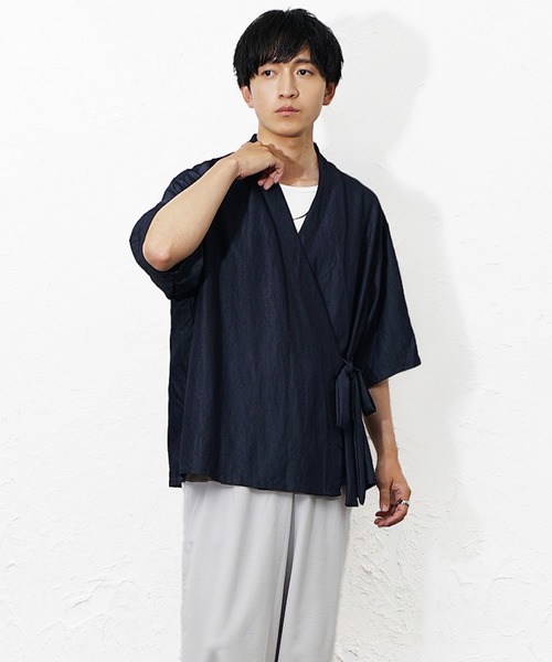 MinoriTY(マイノリティ)の「【MinoriTY】和モード5分袖カーディガン メンズ 夏服 ユニセックス 半袖 和風 モード系(シャツ/ブラウス・メンズ・ブルー/ブラック・M/L)」の10枚目の写真