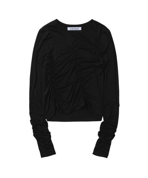 LEFTSEOUL（レフトソウル）の「シャーリングスリムTシャツ[ブラック]（Tシャツ/カットソー・レディース・その他・FREE）」の2枚目の写真