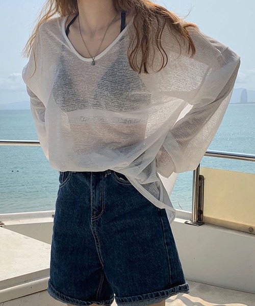 VIBGYOR(ヴィブジョー)の「【EIZZ/アイズ】ルーズフィット スラブシアー ラウンドネック シースルー ロンT(Tシャツ/カットソー・レディース・ホワイト/ピンク・FREE)」の1枚目の写真