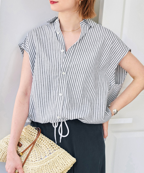 Spick & Span リネンブレンドフレンチヘムギャザーシャツ ストライプ セール】ストライプフレンチヘムギャザーシャツ（シャツ/ブラウス