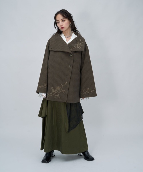 HARE(ハレ)の「ウーリーテックシシュウ2WAYミドルコート(HARE)(ノーカラーコート・レディース・ボルドー/ブラウン/ブラック・FREE)」の12枚目の写真