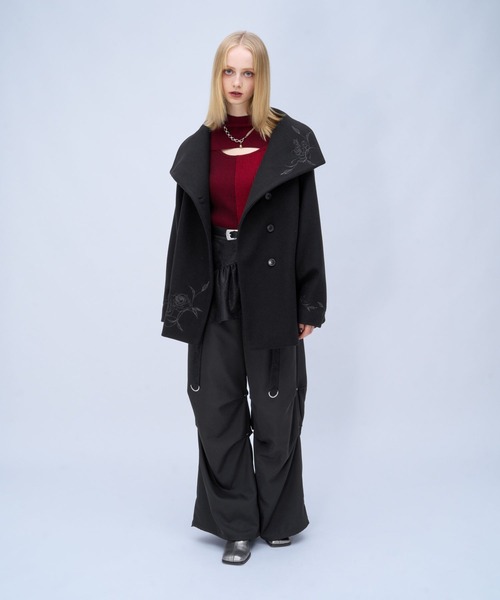 HARE(ハレ)の「ウーリーテックシシュウ2WAYミドルコート(HARE)(ノーカラーコート・レディース・ボルドー/ブラウン/ブラック・FREE)」の5枚目の写真