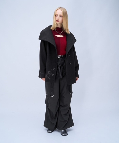 HARE(ハレ)の「ウーリーテックシシュウ2WAYミドルコート(HARE)(ノーカラーコート・レディース・ボルドー/ブラウン/ブラック・FREE)」の6枚目の写真
