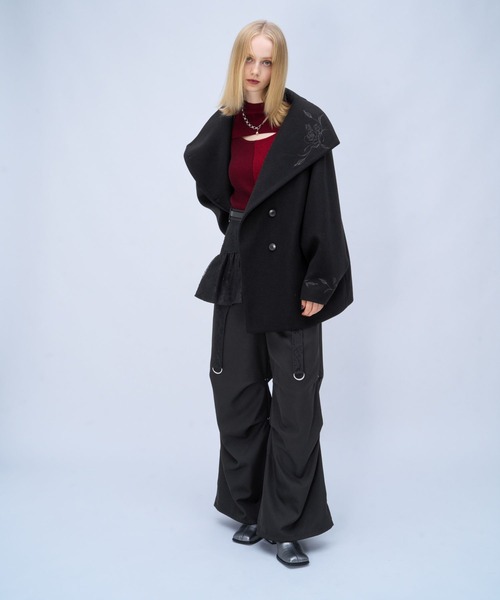 HARE(ハレ)の「ウーリーテックシシュウ2WAYミドルコート(HARE)(ノーカラーコート・レディース・ボルドー/ブラウン/ブラック・FREE)」の7枚目の写真