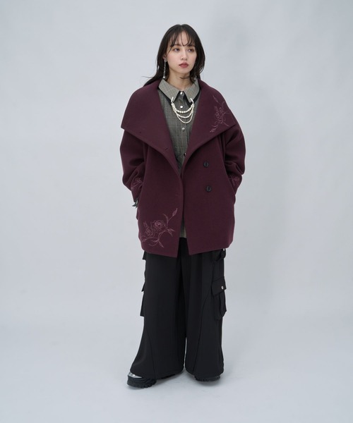 HARE(ハレ)の「ウーリーテックシシュウ2WAYミドルコート(HARE)(ノーカラーコート・レディース・ボルドー/ブラウン/ブラック・FREE)」の8枚目の写真
