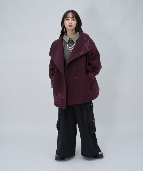 HARE(ハレ)の「ウーリーテックシシュウ2WAYミドルコート(HARE)(ノーカラーコート・レディース・ボルドー/ブラウン/ブラック・FREE)」の9枚目の写真
