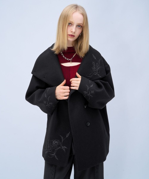 HARE(ハレ)の「ウーリーテックシシュウ2WAYミドルコート(HARE)(ノーカラーコート・レディース・ボルドー/ブラウン/ブラック・FREE)」の16枚目の写真