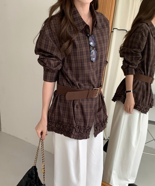 FAVORITO（ファヴォリート）の「襟付きチェック柄シャツ（シャツ/ブラウス・レディース・モカ/ブラウン・F）」の4枚目の写真