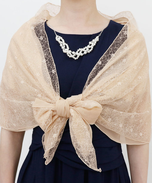 PourVous（プールヴー）の「レース ＆ シフォン ショール ボレロ / 結婚式 フォーマル ・ ドレス羽織りパーティーや 二次会 ・ 同窓会対応 長袖 オケージョン （ストール/ショール・レディース・ブラック/ベージュ・M/L）」の6枚目の写真