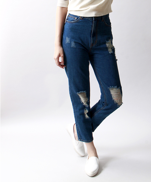 WEGO（ウィゴー）の「WEGO/ ハイウエストクラッシュデニムパンツ（デニムパンツ・レディース・インディゴブルー/ダークインディゴブルー・LARGE/MEDIUM）」の2枚目の写真