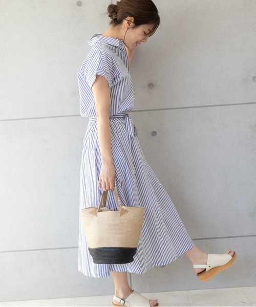 PREFERIR（プレフェリール）の「ストライプ フレンチスリーブ シャツワンピース【 日本テレビ・NNN24番組着用】（シャツワンピース・レディース・ネイビー/ホワイト/ブルー・SMALL/MEDIUM/LARGE）」の3枚目の写真