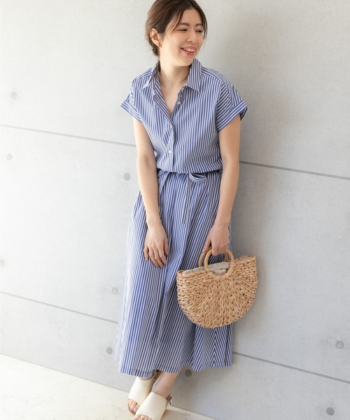 PREFERIR（プレフェリール）の「ストライプ フレンチスリーブ シャツワンピース【 日本テレビ・NNN24番組着用】（シャツワンピース・レディース・ネイビー/ホワイト/ブルー・SMALL/MEDIUM/LARGE）」の5枚目の写真