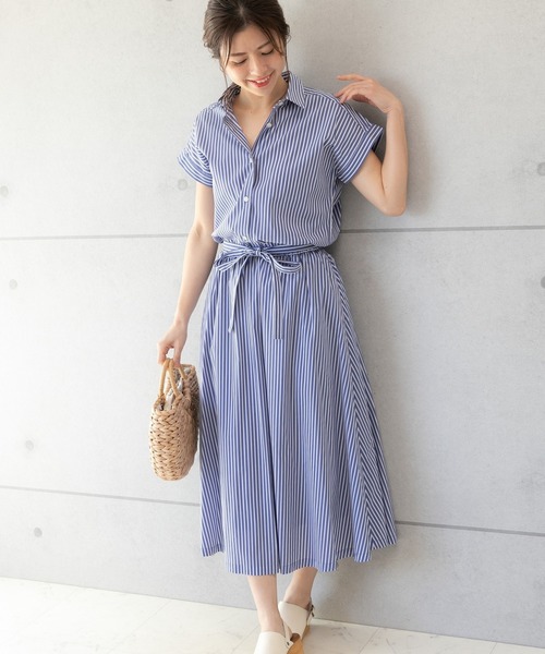 PREFERIR（プレフェリール）の「ストライプ フレンチスリーブ シャツワンピース【 日本テレビ・NNN24番組着用】（シャツワンピース・レディース・ネイビー/ホワイト/ブルー・SMALL/MEDIUM/LARGE）」の6枚目の写真