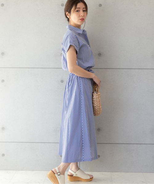 PREFERIR（プレフェリール）の「ストライプ フレンチスリーブ シャツワンピース【 日本テレビ・NNN24番組着用】（シャツワンピース・レディース・ネイビー/ホワイト/ブルー・SMALL/MEDIUM/LARGE）」の7枚目の写真