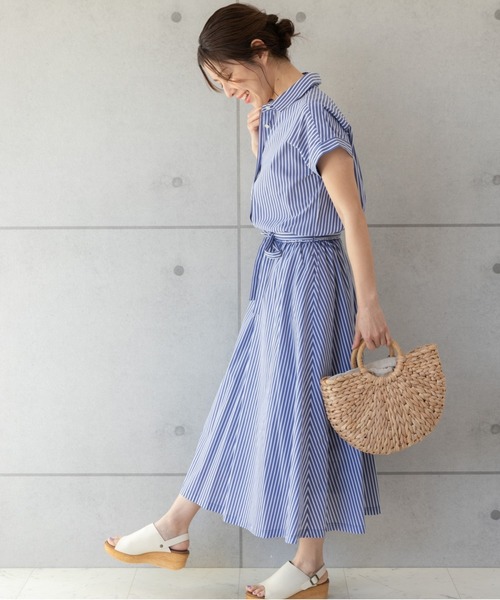 PREFERIR（プレフェリール）の「ストライプ フレンチスリーブ シャツワンピース【 日本テレビ・NNN24番組着用】（シャツワンピース・レディース・ネイビー/ホワイト/ブルー・SMALL/MEDIUM/LARGE）」の9枚目の写真