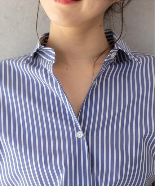 PREFERIR（プレフェリール）の「ストライプ フレンチスリーブ シャツワンピース【 日本テレビ・NNN24番組着用】（シャツワンピース・レディース・ネイビー/ホワイト/ブルー・SMALL/MEDIUM/LARGE）」の12枚目の写真