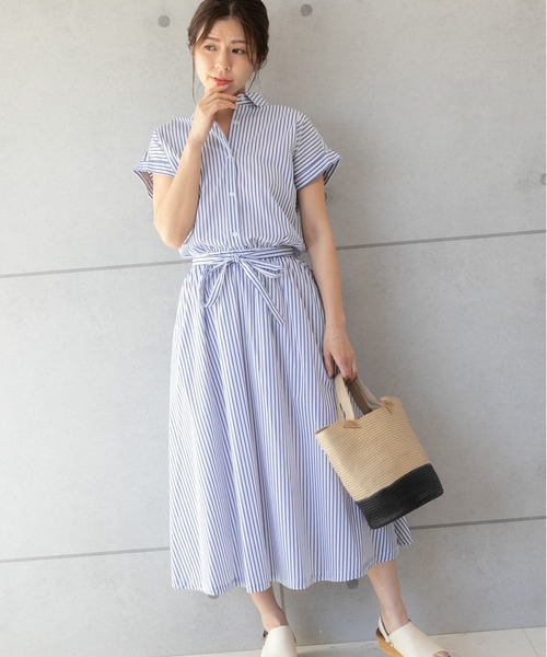 PREFERIR（プレフェリール）の「ストライプ フレンチスリーブ シャツワンピース【 日本テレビ・NNN24番組着用】（シャツワンピース・レディース・ネイビー/ホワイト/ブルー・SMALL/MEDIUM/LARGE）」の17枚目の写真
