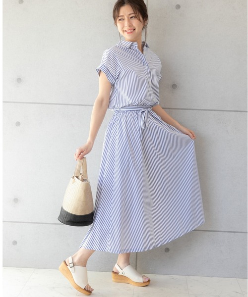 PREFERIR（プレフェリール）の「ストライプ フレンチスリーブ シャツワンピース【 日本テレビ・NNN24番組着用】（シャツワンピース・レディース・ネイビー/ホワイト/ブルー・SMALL/MEDIUM/LARGE）」の19枚目の写真