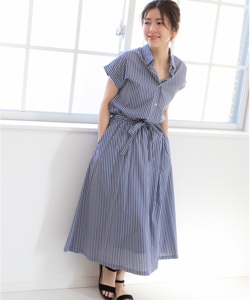 PREFERIR（プレフェリール）の「ストライプ フレンチスリーブ シャツワンピース【 日本テレビ・NNN24番組着用】（シャツワンピース・レディース・ネイビー/ホワイト/ブルー・SMALL/MEDIUM/LARGE）」の4枚目の写真