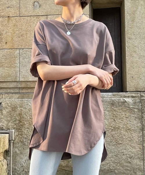 DouDou(ドゥドゥ)の「【新色追加】5分袖ビッグT(Tシャツ/カットソー・レディース・アイボリー/チャコールグレー/ホワイト/モカ/ブラウン/ピンク/ミント・FREE)」の4枚目の写真