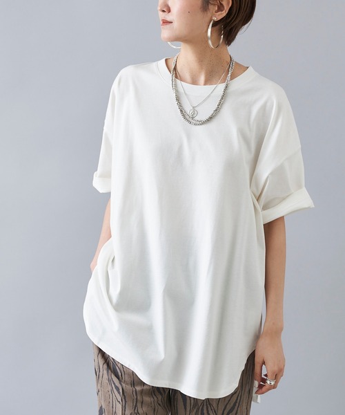 DouDou(ドゥドゥ)の「【新色追加】5分袖ビッグT(Tシャツ/カットソー・レディース・アイボリー/チャコールグレー/ホワイト/モカ/ブラウン/ピンク/ミント・FREE)」の1枚目の写真