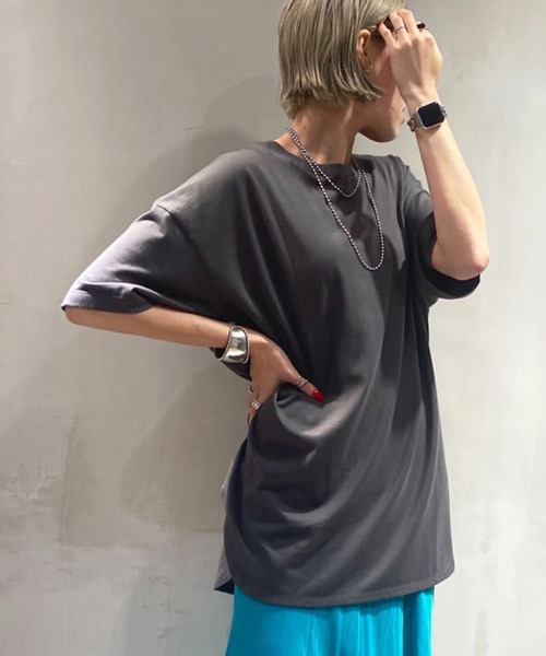 DouDou(ドゥドゥ)の「【新色追加】5分袖ビッグT(Tシャツ/カットソー・レディース・アイボリー/チャコールグレー/ホワイト/モカ/ブラウン/ピンク/ミント・FREE)」の3枚目の写真