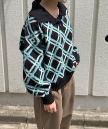 チェック柄オーバーポロニットプルオーバー