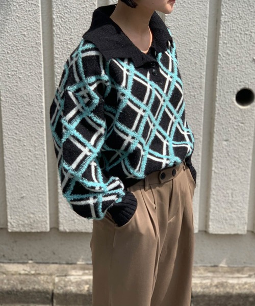 Jewelobe(ジュエローブ)の「チェック柄オーバーポロニットプルオーバー(ニット/セーター・レディース・ブルー/ブラック・FREE)」の12枚目の写真