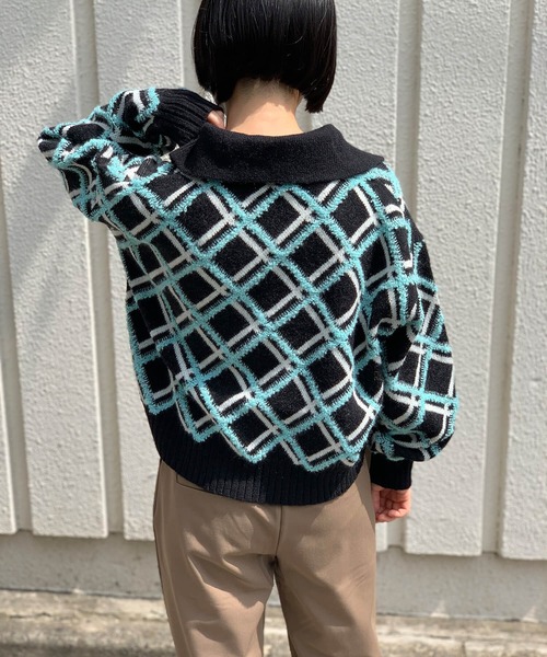 Jewelobe(ジュエローブ)の「チェック柄オーバーポロニットプルオーバー(ニット/セーター・レディース・ブルー/ブラック・FREE)」の15枚目の写真