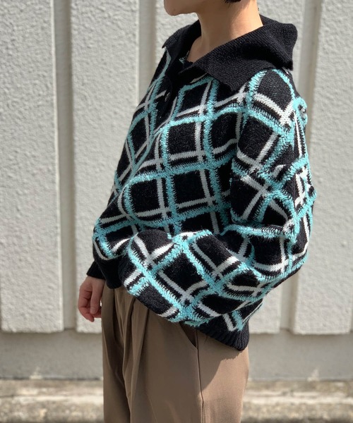 Jewelobe(ジュエローブ)の「チェック柄オーバーポロニットプルオーバー(ニット/セーター・レディース・ブルー/ブラック・FREE)」の19枚目の写真