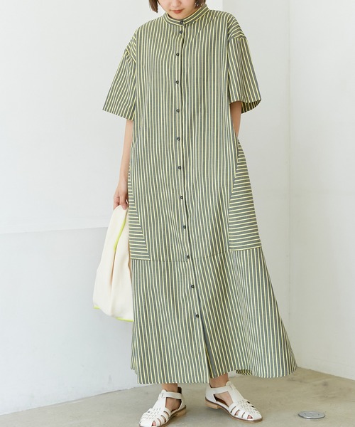 LAVEANGE（ラビアンジェ）の「ストライプ切替シャツワンピース（ワンピース・レディース・イエロー/ブラック/オレンジ・3L/LL/4L/M/L）」の3枚目の写真