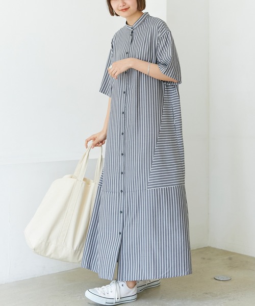 LAVEANGE（ラビアンジェ）の「ストライプ切替シャツワンピース（ワンピース・レディース・イエロー/ブラック/オレンジ・3L/LL/4L/M/L）」の2枚目の写真