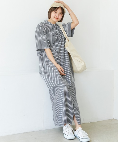 LAVEANGE（ラビアンジェ）の「ストライプ切替シャツワンピース（ワンピース・レディース・イエロー/ブラック/オレンジ・3L/LL/4L/M/L）」の5枚目の写真