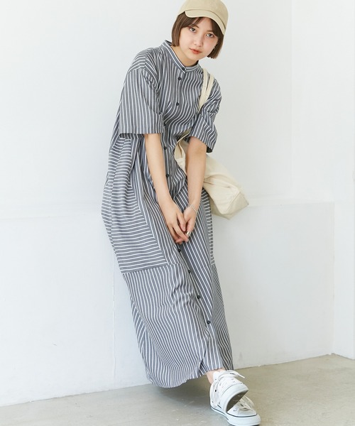 LAVEANGE（ラビアンジェ）の「ストライプ切替シャツワンピース（ワンピース・レディース・イエロー/ブラック/オレンジ・3L/LL/4L/M/L）」の4枚目の写真