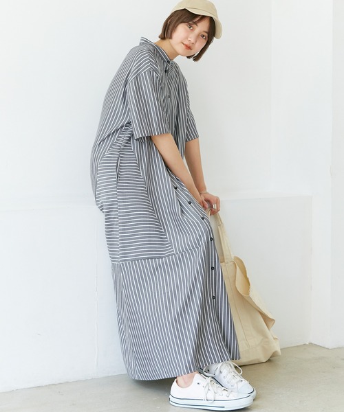 LAVEANGE（ラビアンジェ）の「ストライプ切替シャツワンピース（ワンピース・レディース・イエロー/ブラック/オレンジ・3L/LL/4L/M/L）」の6枚目の写真