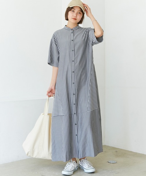 LAVEANGE（ラビアンジェ）の「ストライプ切替シャツワンピース（ワンピース・レディース・イエロー/ブラック/オレンジ・3L/LL/4L/M/L）」の7枚目の写真