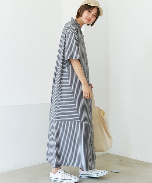 LAVEANGE（ラビアンジェ）の「ストライプ切替シャツワンピース（ワンピース・レディース・イエロー/ブラック/オレンジ・3L/LL/4L/M/L）」の8枚目の写真