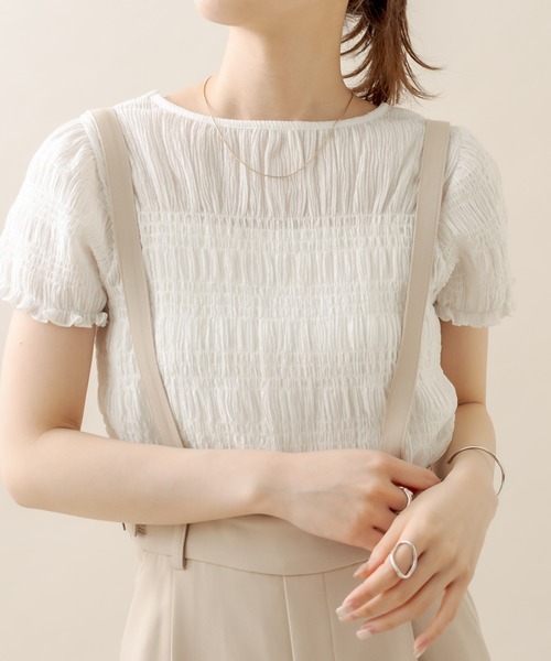 mystic（ミスティック）の「[mline] シャーリングミニTシャツ（Tシャツ/カットソー・レディース・オフホワイト/ブラック/ブラック系その他/グリーン・FREE）」の2枚目の写真