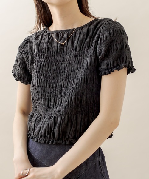 mystic（ミスティック）の「[mline] シャーリングミニTシャツ（Tシャツ/カットソー・レディース・オフホワイト/ブラック/ブラック系その他/グリーン・FREE）」の3枚目の写真