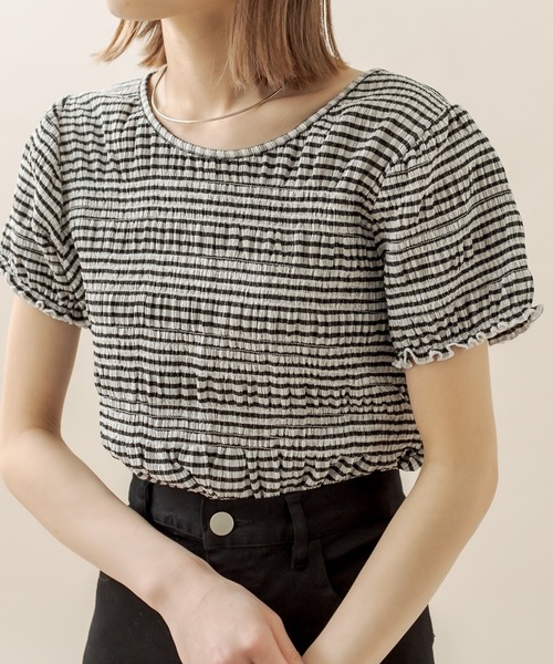 mystic（ミスティック）の「[mline] シャーリングミニTシャツ（Tシャツ/カットソー・レディース・オフホワイト/ブラック/ブラック系その他/グリーン・FREE）」の12枚目の写真