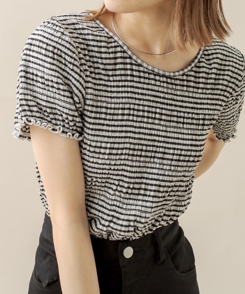 mystic（ミスティック）の「[mline] シャーリングミニTシャツ（Tシャツ/カットソー・レディース・オフホワイト/ブラック/ブラック系その他/グリーン・FREE）」の13枚目の写真