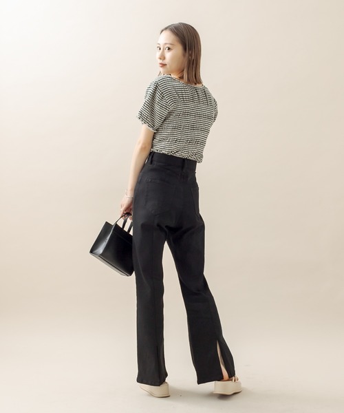 mystic（ミスティック）の「[mline] シャーリングミニTシャツ（Tシャツ/カットソー・レディース・オフホワイト/ブラック/ブラック系その他/グリーン・FREE）」の16枚目の写真