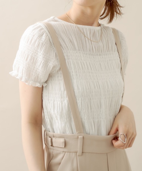 mystic（ミスティック）の「[mline] シャーリングミニTシャツ（Tシャツ/カットソー・レディース・オフホワイト/ブラック/ブラック系その他/グリーン・FREE）」の5枚目の写真