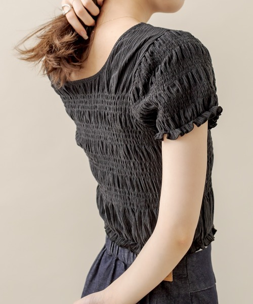 mystic（ミスティック）の「[mline] シャーリングミニTシャツ（Tシャツ/カットソー・レディース・オフホワイト/ブラック/ブラック系その他/グリーン・FREE）」の11枚目の写真